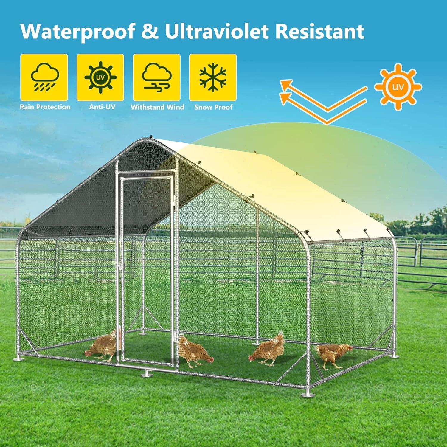 Large Metal Chicken Coops, Outdoor Duck Walk-in Run Poultry Cage, Hen House Yard Habitat Cage with Waterproof Cover Spire Shaped Coop, 9.8' L x 6.6' W x 6.6' H
