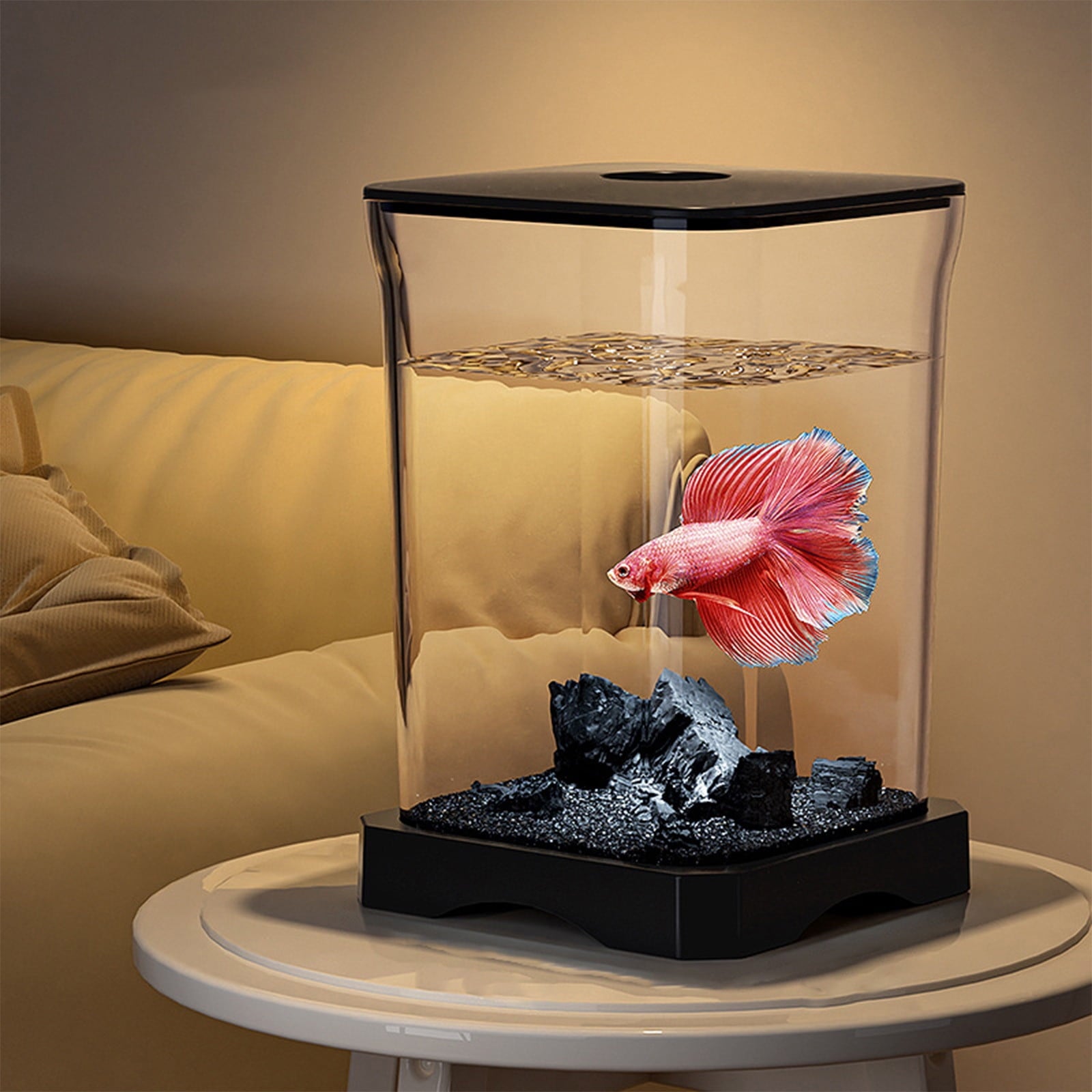 Ikohbadg Mini Self-Cleaning Aquarium LED Cube Ecosystem, Desktop Aquarium Starter Kit LED Lighting Design, Fake Fish Tank Mini Aquarium, Fake Aquarium Decorative Lamp, Gift for Kids, White