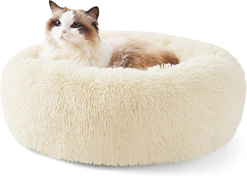 Bedsure Calming Dog Bed Medium Size Dog - Donut Washable Medium Pet Bed, 30 inches Anti-Slip Round Fluffy Plush Faux Fur Cat Bed, Fits up to 45 lbs Pets, Camel