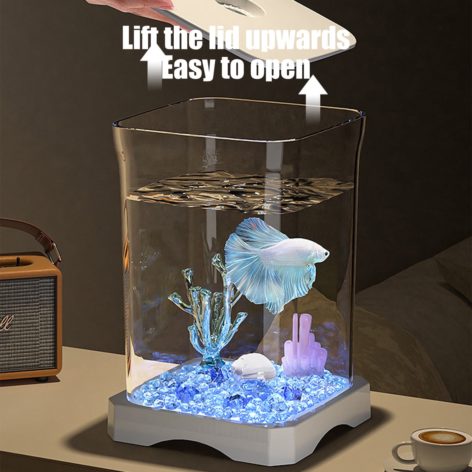 Ikohbadg Mini Self-Cleaning Aquarium LED Cube Ecosystem, Desktop Aquarium Starter Kit LED Lighting Design, Fake Fish Tank Mini Aquarium, Fake Aquarium Decorative Lamp, Gift for Kids, White