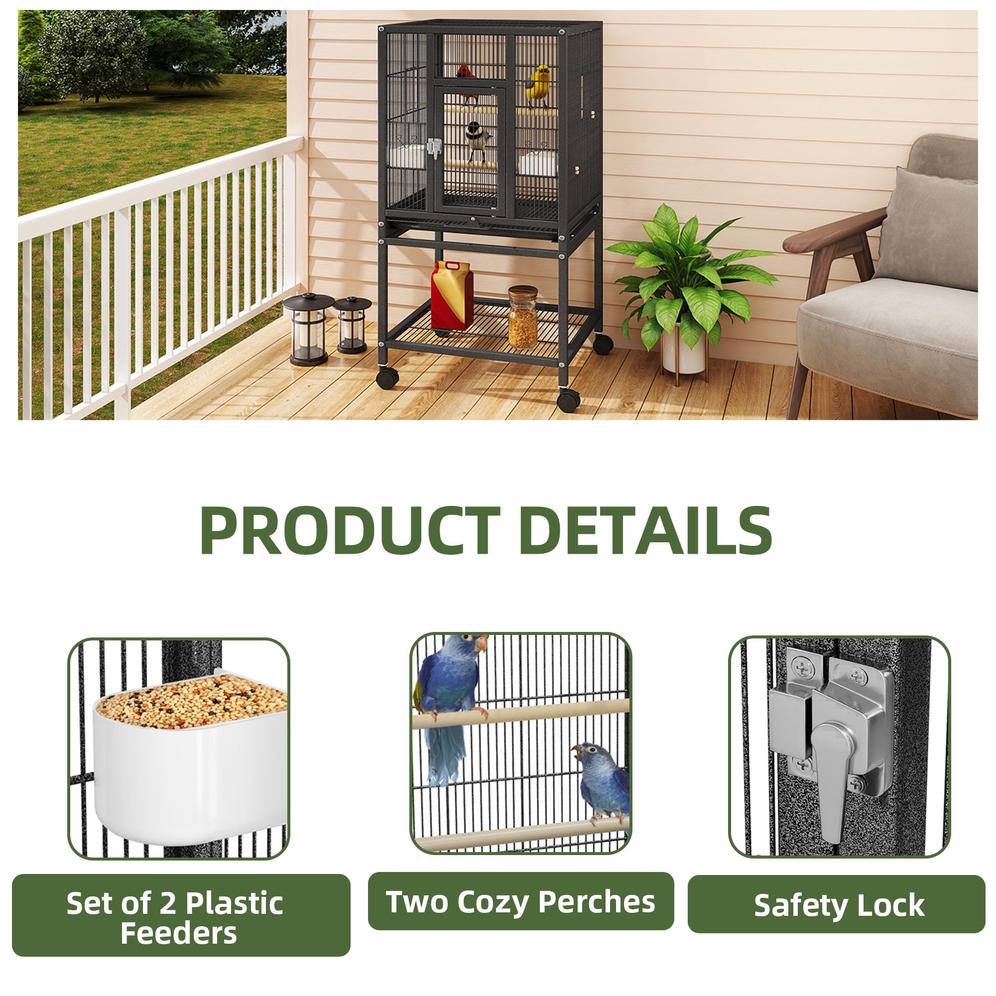 Uforic 41" Metal Birdcage with Rolling Stand and Castor Wheels, Large Parrot Cage with 2 Perches and 2 Feeders, Spacious Storage Tray, Black