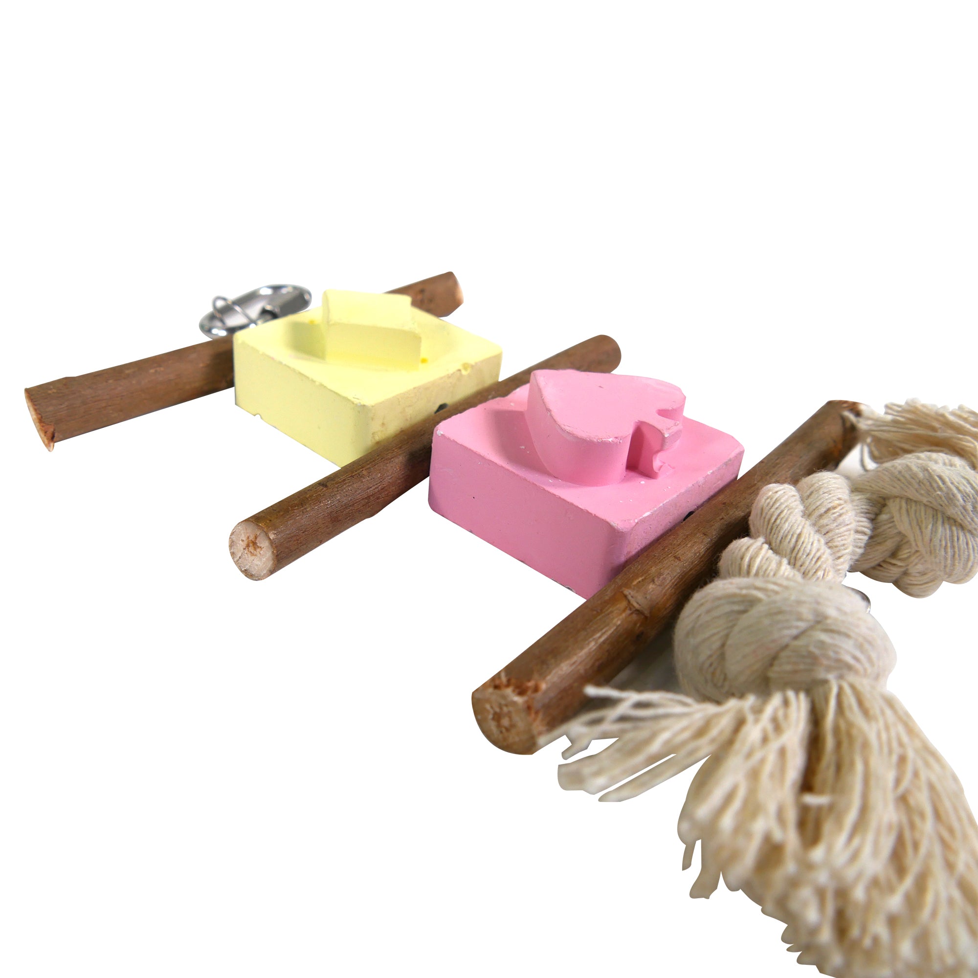 Penn-Plax Casino Kabob Toy for Medium Birds - Wood Perches, Pink & Yellow Calcium Blocks, & Rope Toy