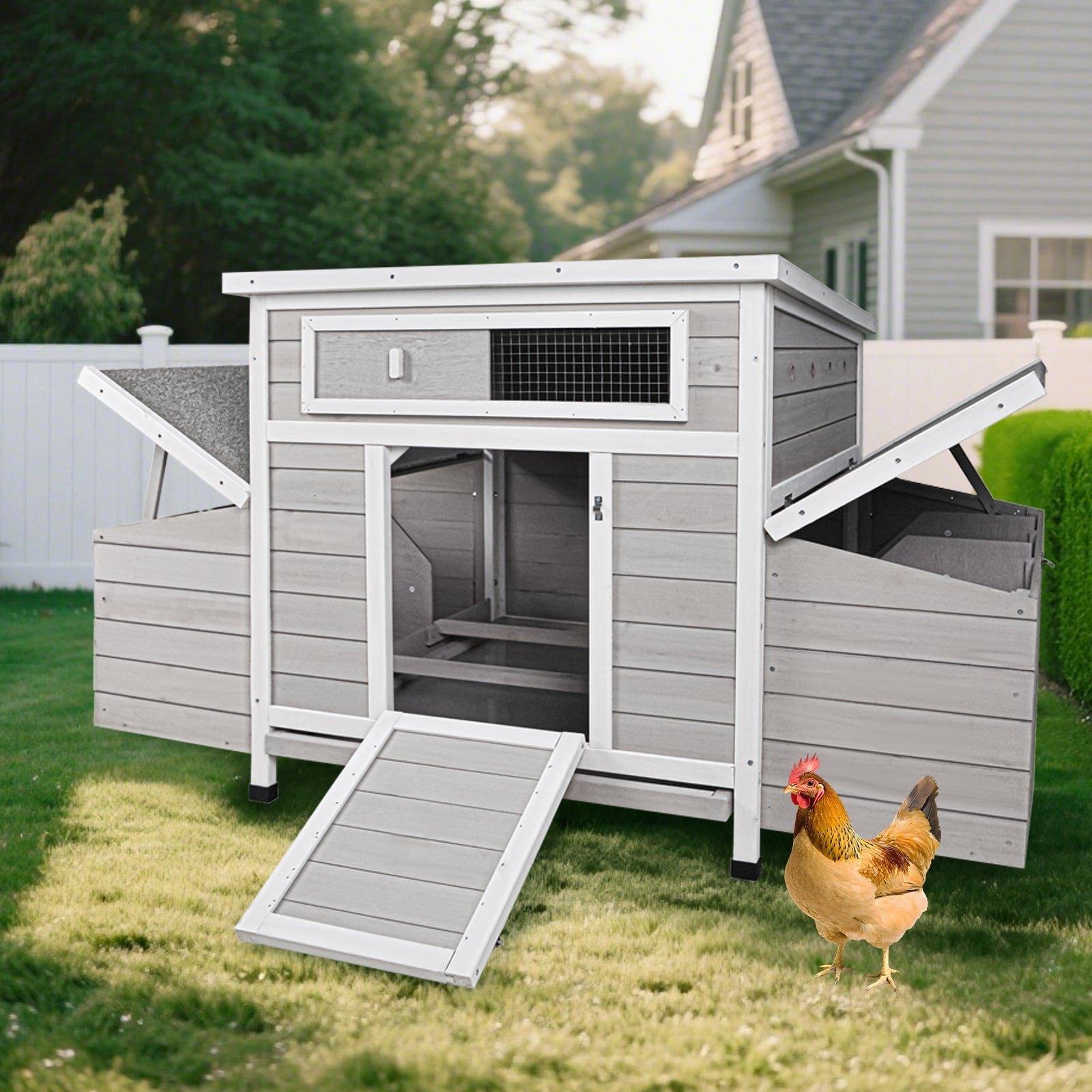 Chicken Coop with 6 Nesting Boxes, 58" L Chicken Coops for 4-6 Chickens, Outdoor Chicken Coop with Leakproof Pull-on Tray, and Asphalt Waterproof Roof