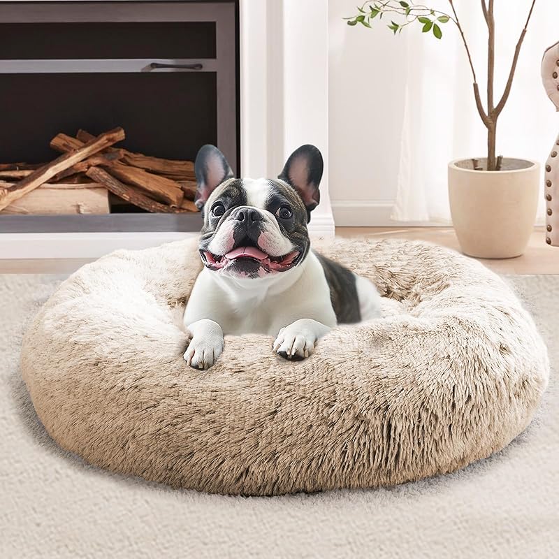 JOLLYVOGUE Calming Dog & Cat Bed for Small Dogs, Anti-Anxiety Donut Cuddler Cozy Soft Round Bed with Anti-Slip Bottom, Fluffy Faux Fur Plush Cushion Beds for Small Medium Dogs (20")