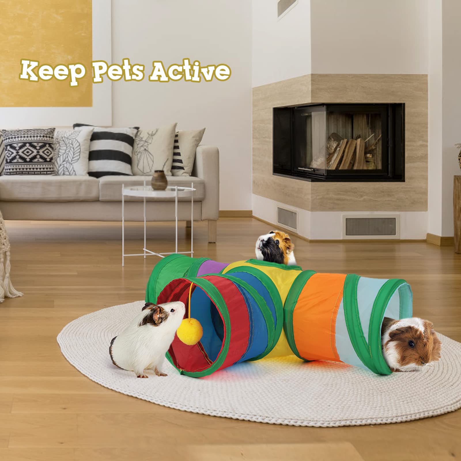 Guinea Pig Tunnel Hideout, 3 Way Collapsible Small Pet Tunnels and Tubes with Interactive Ball Toy, Hamster, Baby Rabbit, Baby pig, Chinchilla, Hedgehog, Ferret Hiding Animal and Resting