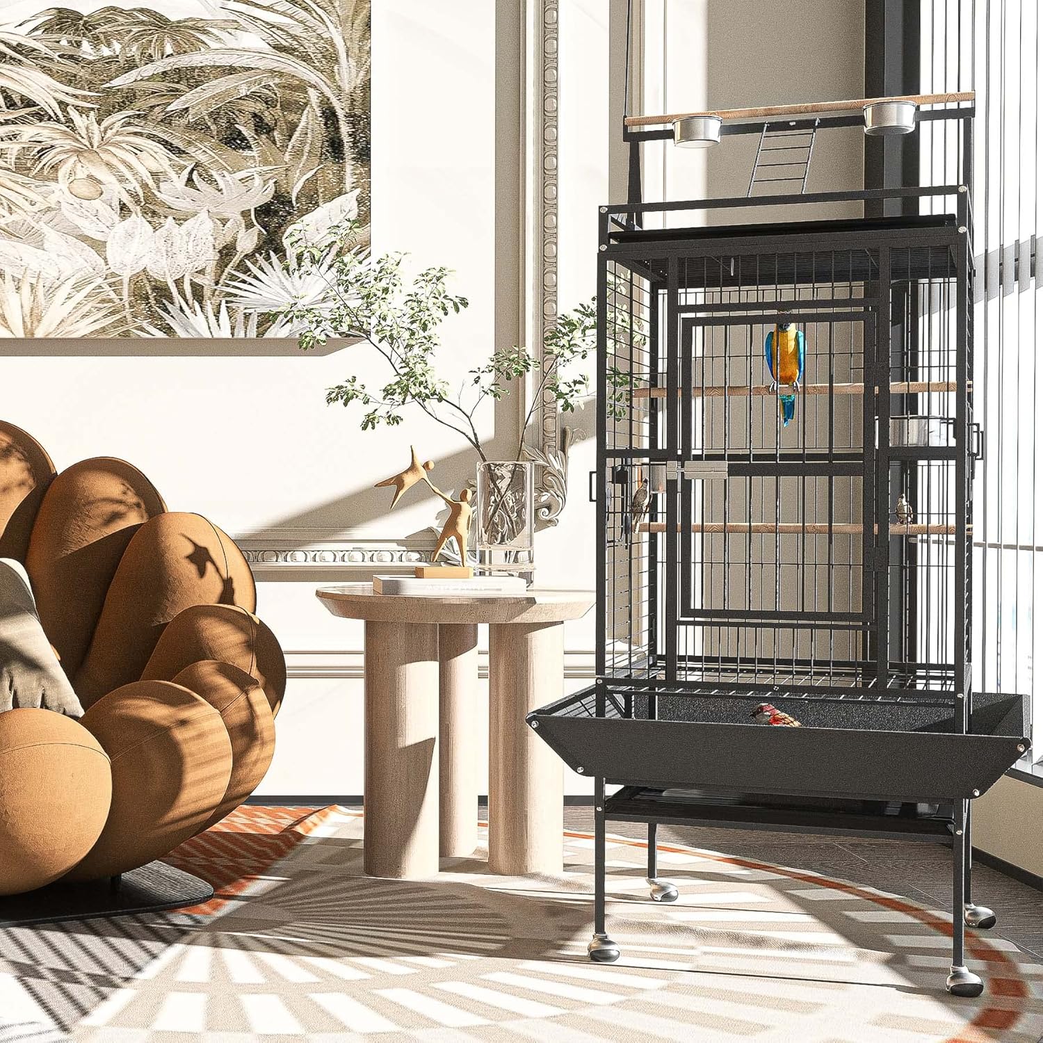 Frmobepts 82" Large Bird Cage with Rolling Stand Parrot Cage Pet House Wrought Iron Birdcage, Black