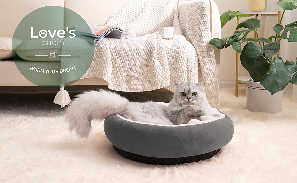 Love's cabin Round Donut Cat and Dog Cushion Bed, 20in Bed for Cats or Small Dogs, Anti-Slip & Water-Resistant Bottom, Super Soft Durable Fabric Pet Beds, Washable Luxury Cat & Dog Bed Gray