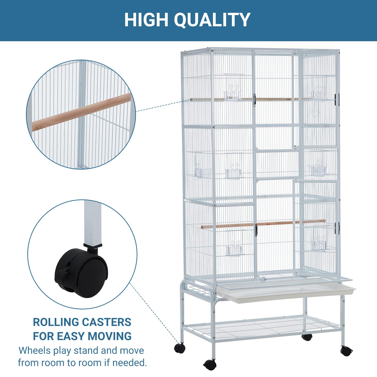 Garvee 69'' Extra Large Bird Cage Metal Parrot Cage w/Detachable Stand for Mid-Sized Parrots Cockatiels Conures Parakeets Lovebirds Budgie Finch, White