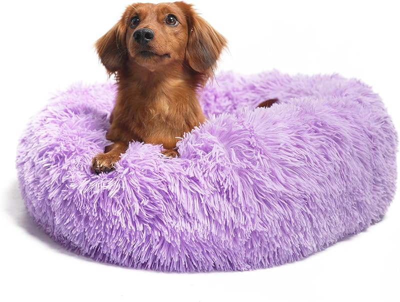 Small Calming Dogs Bed for Small Dogs Anti-Anxiety Machine Washable Fluffy Luxury Anti-Slip Waterproof Mute Base Warming Cozy Soft Pet Puppy Round Bed