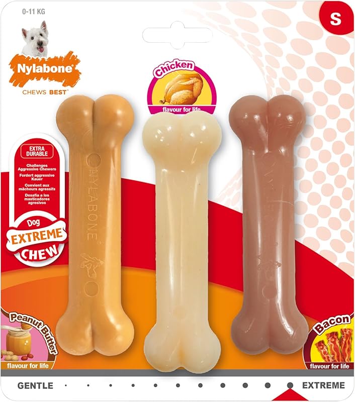 Nylabone Extreme Tough Dog Chew Toy Bones, Peanut Butter, Chicken, Bacon Flavoured, 3-Piece, Small, for Dogs Up to 11 kg