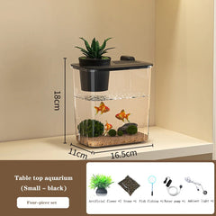 Fish Tank Aquarium Starter Kit, Mini Desktop Rectangular Fish Tank With Pump, LED Light, Simulated Water Plants, Fish Bowl Tabletop Decoration For Shrimp Small Fish