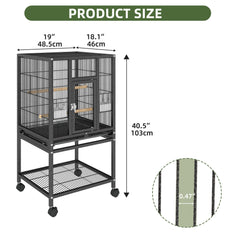 Uforic 41" Metal Birdcage with Rolling Stand and Castor Wheels, Large Parrot Cage with 2 Perches and 2 Feeders, Spacious Storage Tray, Black