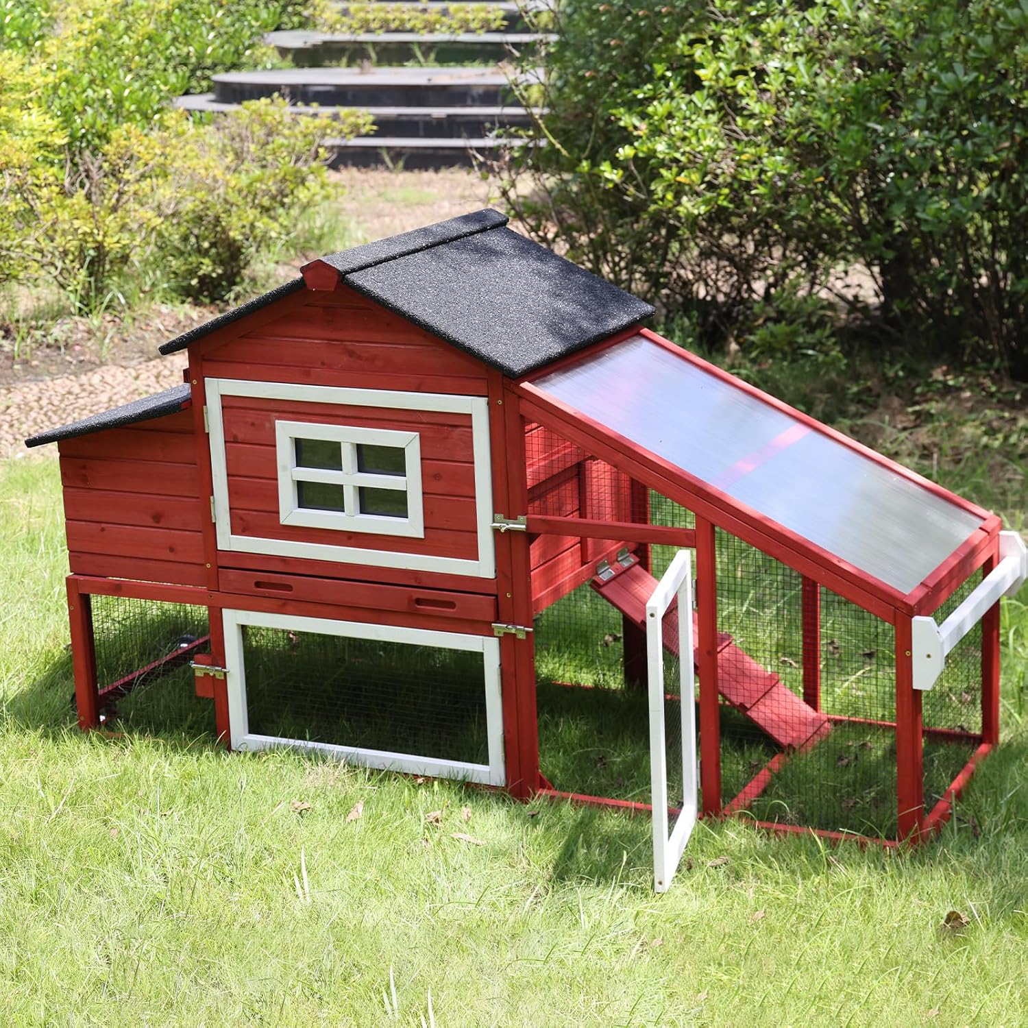 Aivituvin Chicken Coop, Mobile Chicken House with with Wheels, Outdoor Hen House Poultry Cage with Nesting Box, Leakproof Pull Out Tray and UV-Resistant Roof,Rabbit Hutch Duck Coop (Red)