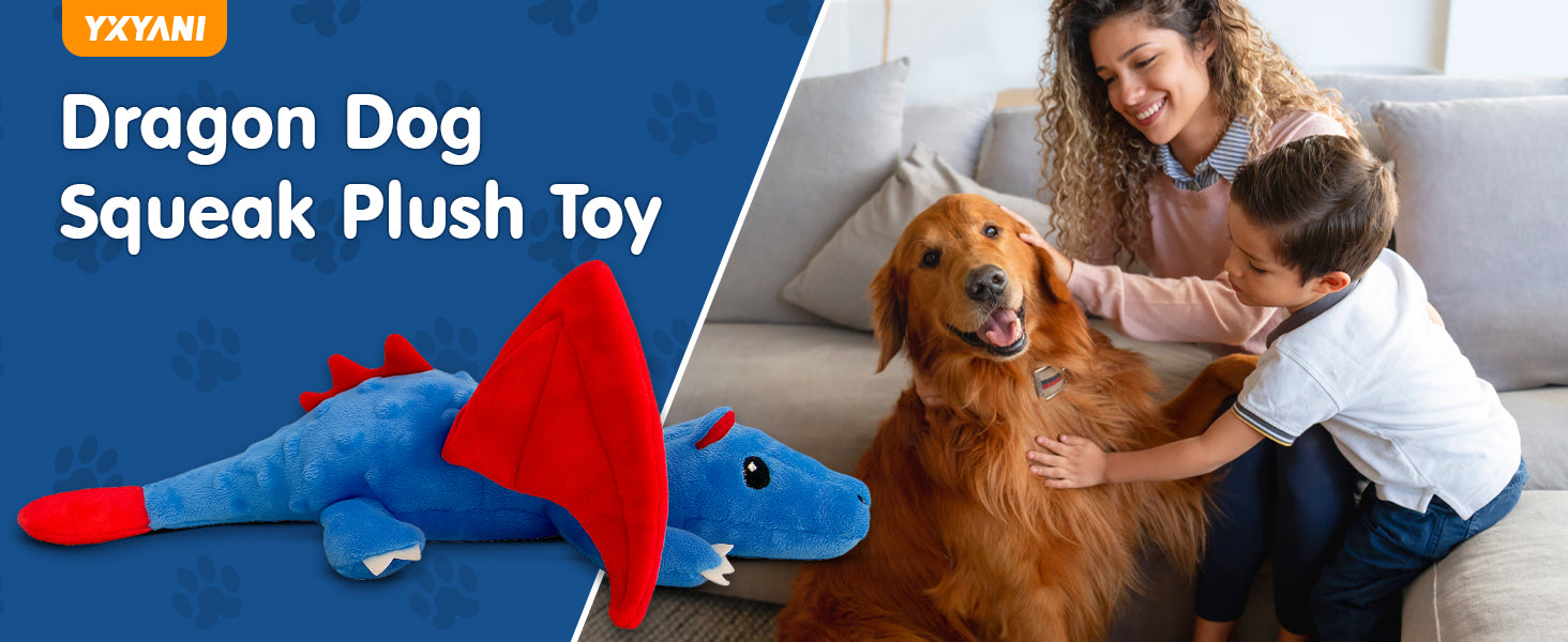 Dragon Dog Squeak Plush Toy Chew Toy Resistant to Bite Keeps Dogs Healthy and Happy Birthday Gift Suitable for Large, Medium and Small Dogs Blue 14 Inch