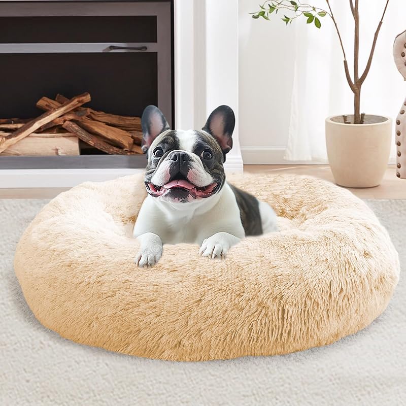 JOLLYVOGUE Calming Dog & Cat Bed for Small Dogs, Anti-Anxiety Donut Cuddler Cozy Soft Round Bed with Anti-Slip Bottom, Fluffy Faux Fur Plush Cushion Beds for Small Medium Dogs (20")