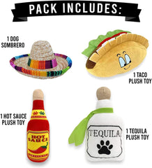4 Pack Fiesta Dog Chew Toys and Sombrero - Mexican Squeak Plush Toys - Dog Gifts for Chihuahuas - Taco - Tequila - Hot Sauce - for All Breeds