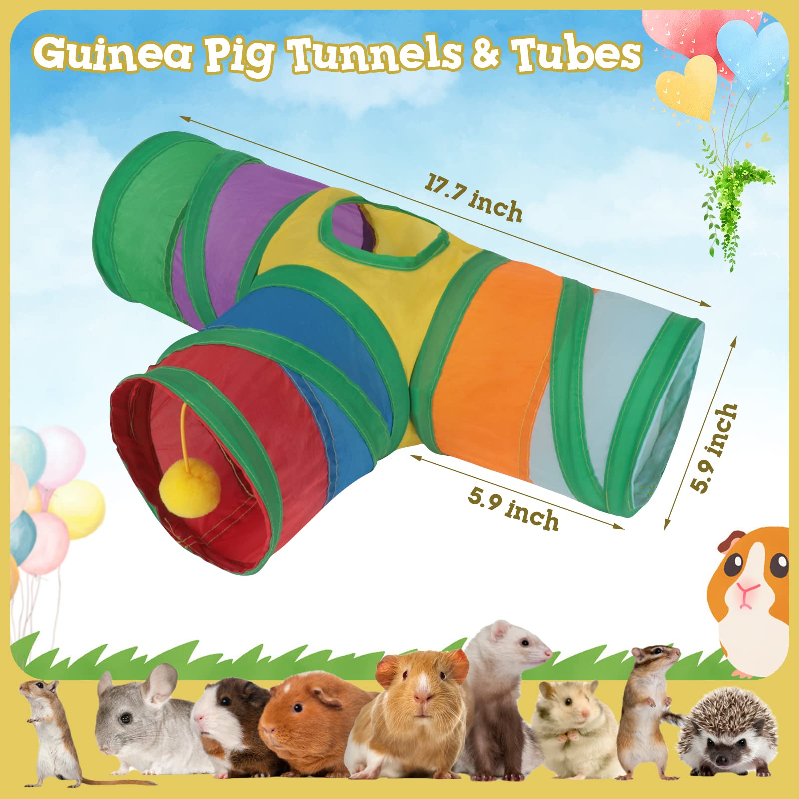 Guinea Pig Tunnel Hideout, 3 Way Collapsible Small Pet Tunnels and Tubes with Interactive Ball Toy, Hamster, Baby Rabbit, Baby pig, Chinchilla, Hedgehog, Ferret Hiding Animal and Resting