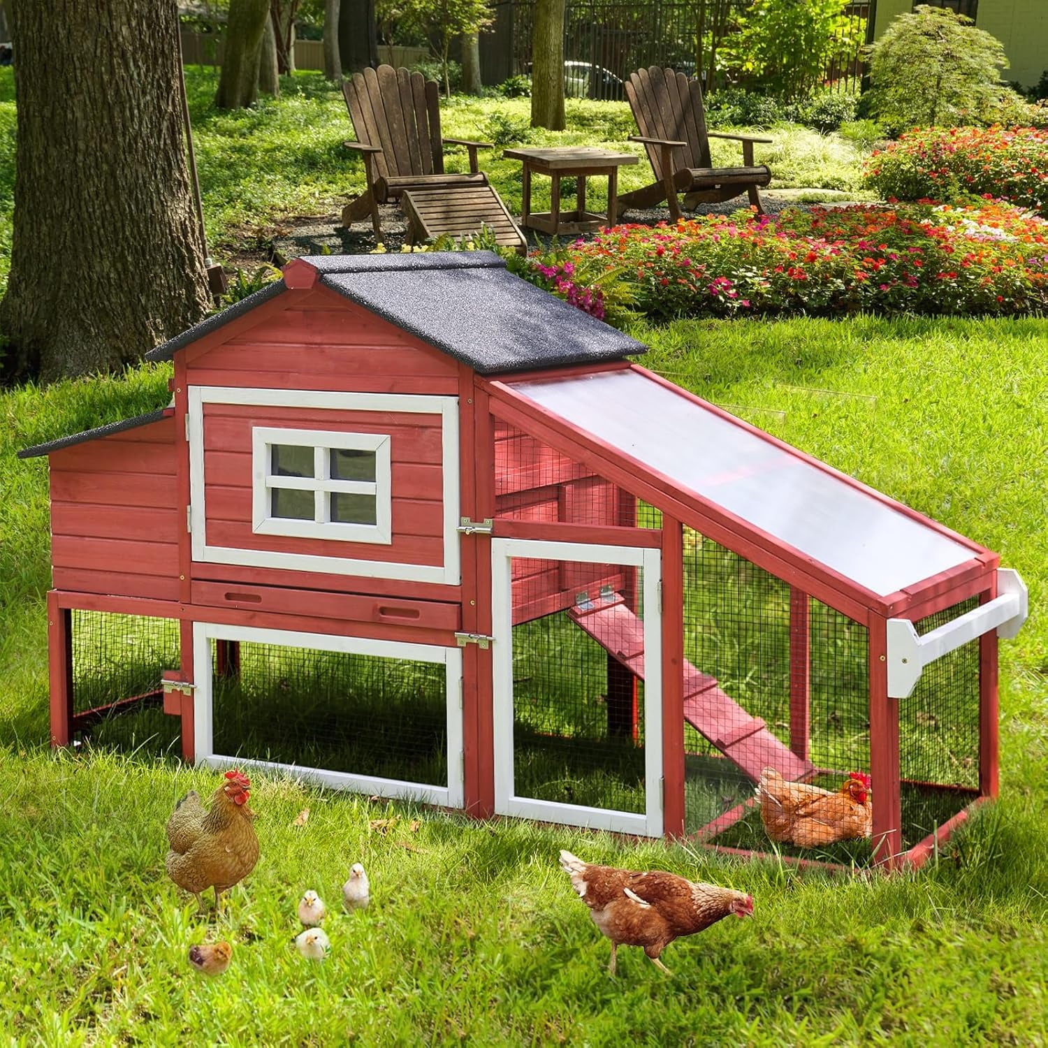 Aivituvin Chicken Coop, Mobile Chicken House with with Wheels, Outdoor Hen House Poultry Cage with Nesting Box, Leakproof Pull Out Tray and UV-Resistant Roof,Rabbit Hutch Duck Coop (Red)