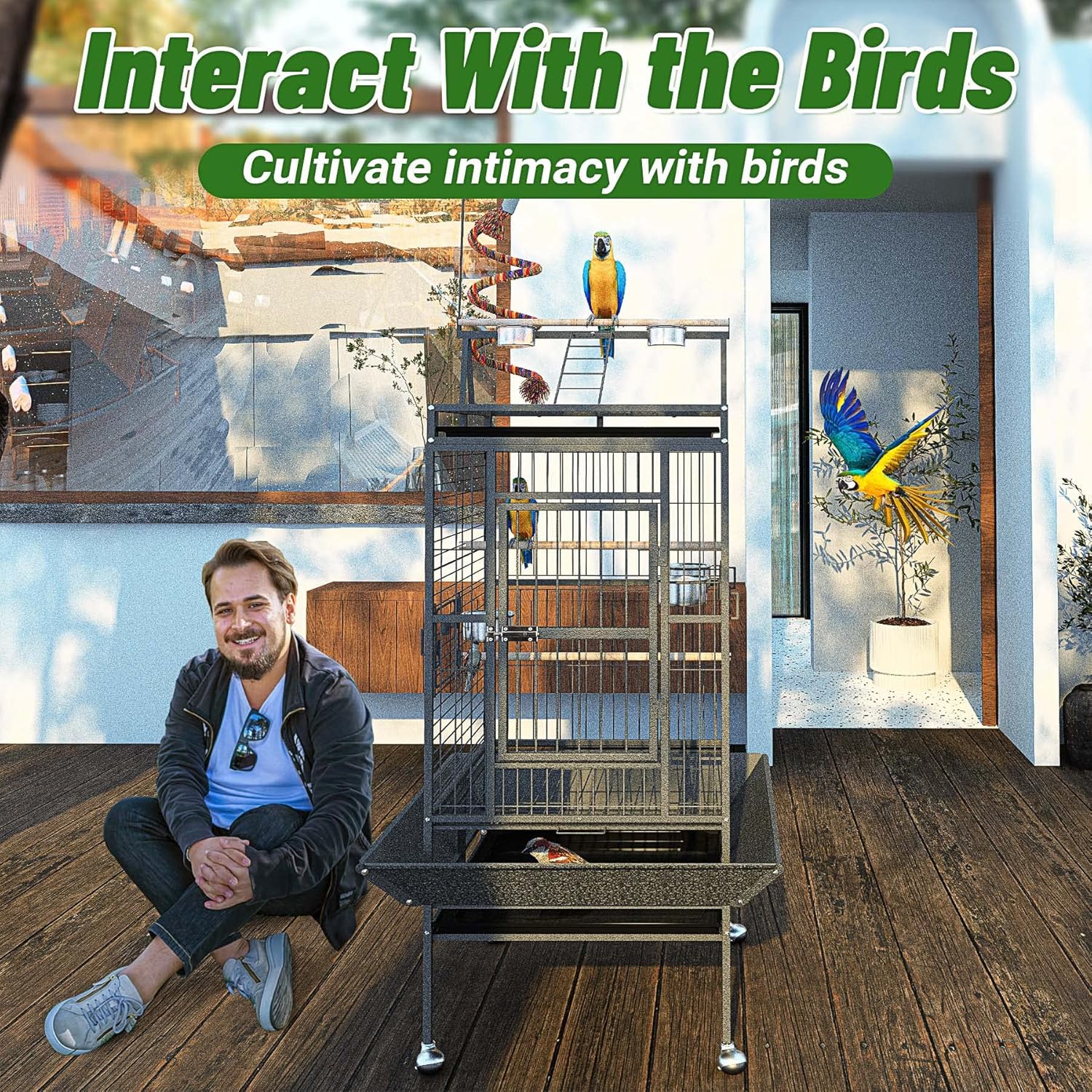 Frmobepts 82" Large Bird Cage with Rolling Stand Parrot Cage Pet House Wrought Iron Birdcage, Black
