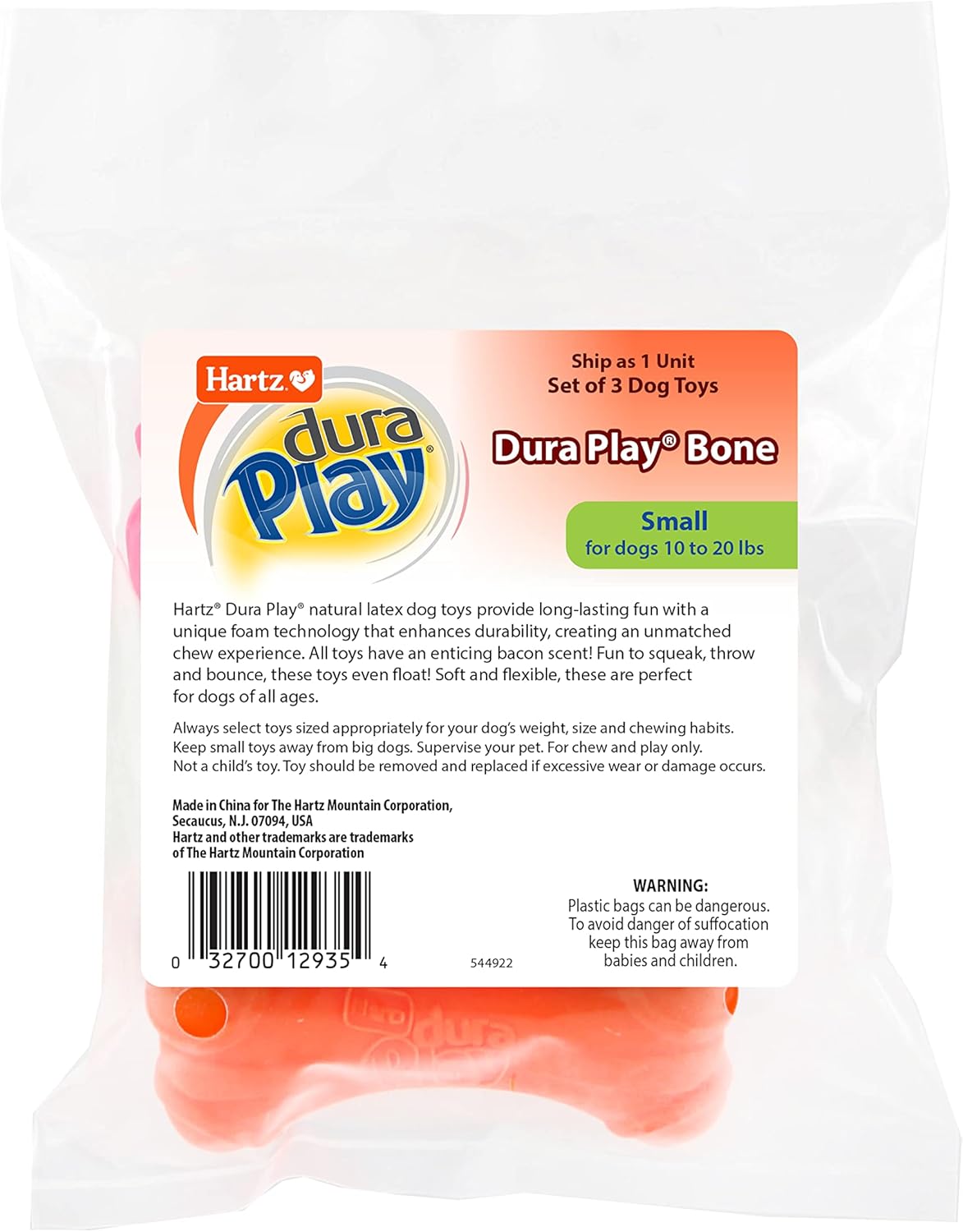 Hartz DuraPlay Bone Squeaky Latex Dog Toy for Small Breeds, 3 Pack