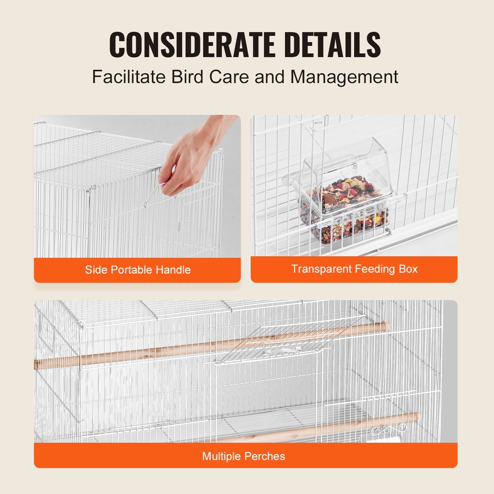 KFFKFF Avian Habitat, 18 inches, Compact Parakeet Enclosure, Robust Metallic Bird Mobility Enclosure, Portable Aviary with 2 Roosts & 2 Nourishment Bowls, Canary, Lovebird, White